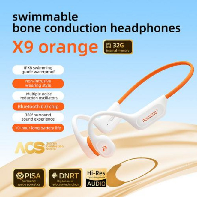 무선 귀걸이이어폰 POLVCDG X9 골전도 이어폰 IPX8 방수 수영 스포츠 32G 귀걸이형, 2)화이트오렌지-32G