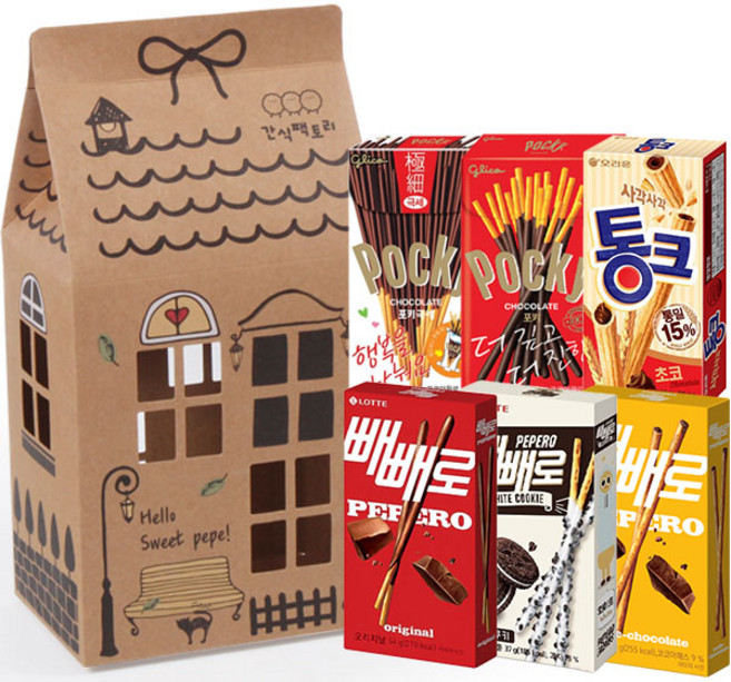 [간식대장] 빼빼로데이 최고의 간식 선물세트 "빼빼로 페페하우스" 6종 뻬빼로 초코필드 초코 빼빼로 빼빼로 화이트 쿠키 통크 포키 극세 포키 오리지널, 1개, 페페하우스 6종
