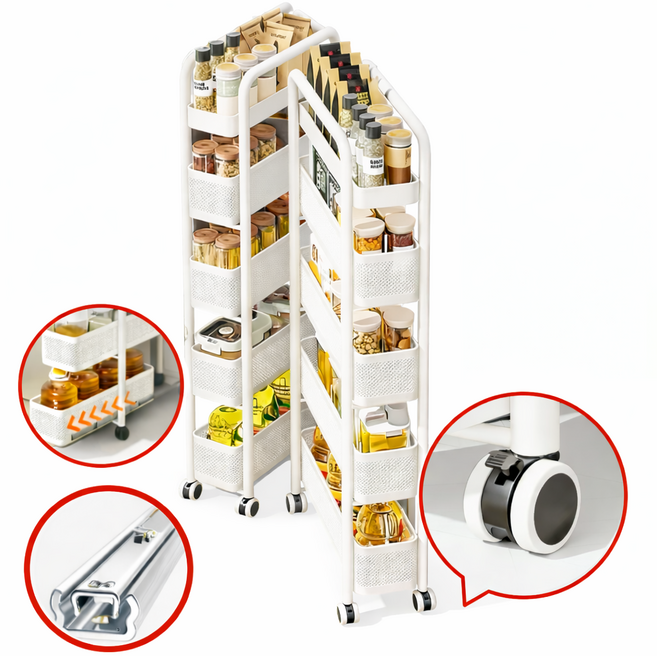 뷰리어스 15cm 틈새장 5단 슬라이딩 철제 슬림 트롤리 화이트
