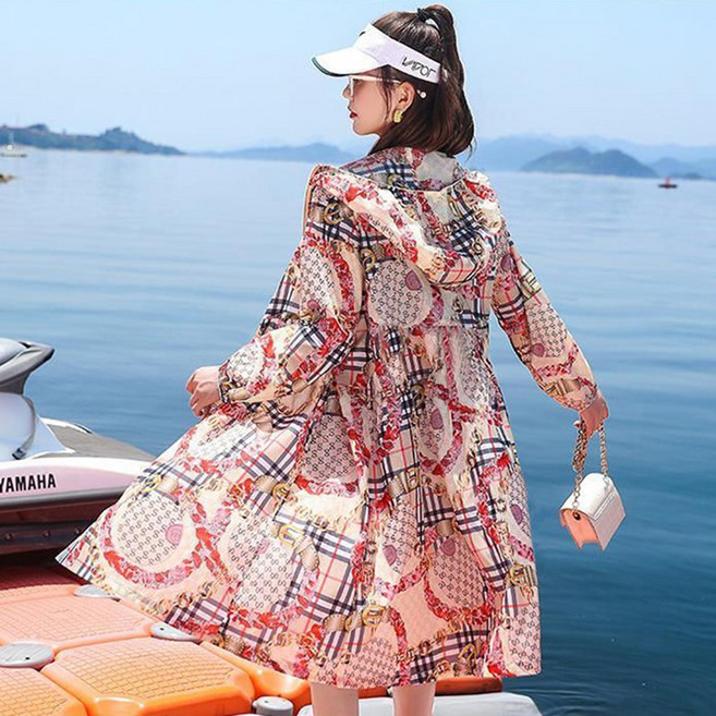 ORZQU 여성 여름 루즈핏 빅사이즈 자외선 차단 아우터 프린트 롱 후드 초경량바람막이