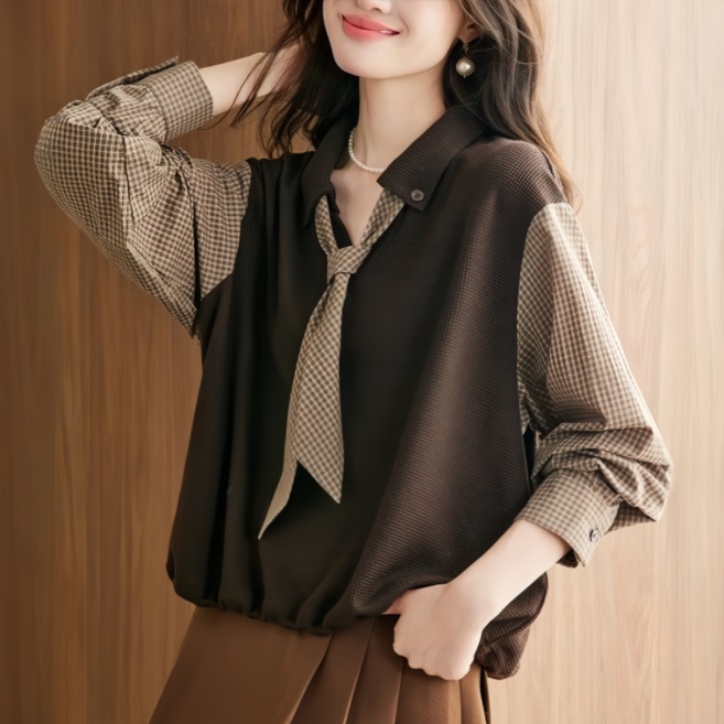 Makone 여성 카라넥 타이포인트 체크소매 패치워크 레이어드핏 스타일리쉬 루즈핏 니트 블라우스