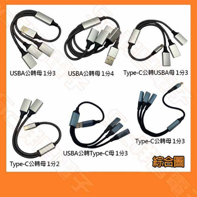 祥昌電子 USB Type-C 公對母 分接線 充電線 傳輸線 25CM 35CM, 1個, USBA 公轉母 1分4