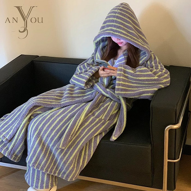 ANYOU 겨울 여성 빅사이즈 스트라이프 파자마 세트 부드러운 샤워가운+잠옷 상하의세트 극세사 홈웨어