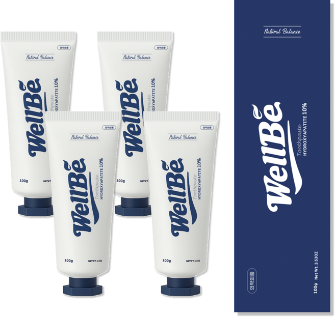 웰비 4개 잇몸질환 잇몸염증 저불소 천연 하이드록시아파타이트10% 시린이개선 치약 400g 4개, 100g