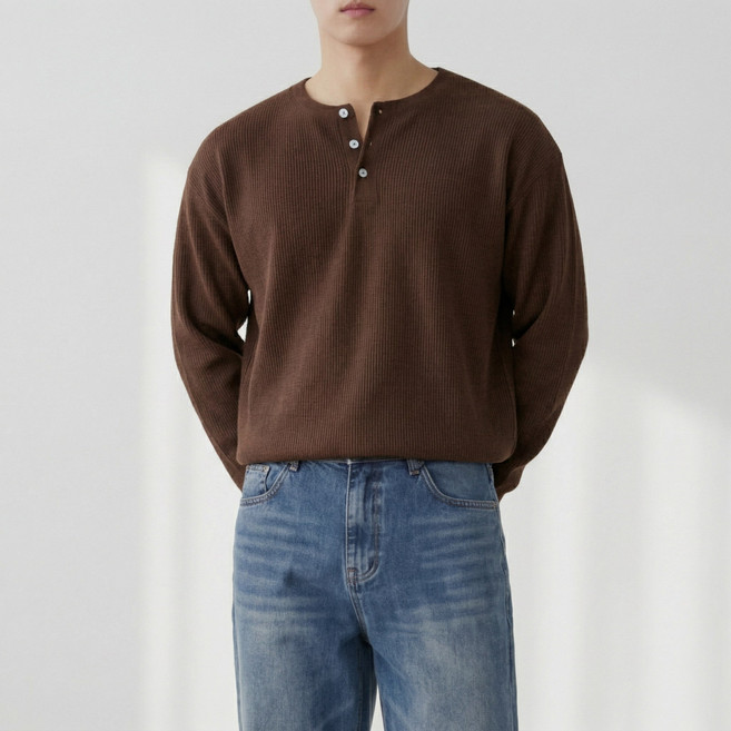 더베이직샵 남성용 스판 오버핏 골지 헨리넥 라운드 긴팔 니트