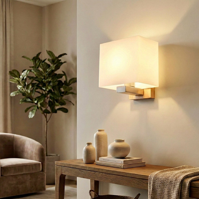 HUGO LIGHTING 方形原木玻璃壁燈 樓梯走廊和室北歐實木燈飾