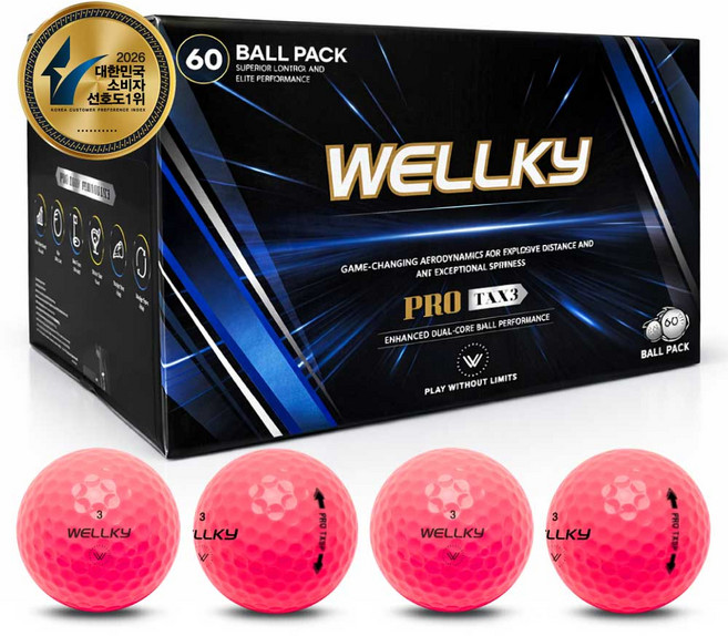 웰키 고반발 비거리 골프공 2피스 60p, 핑크, 60개입, 1개