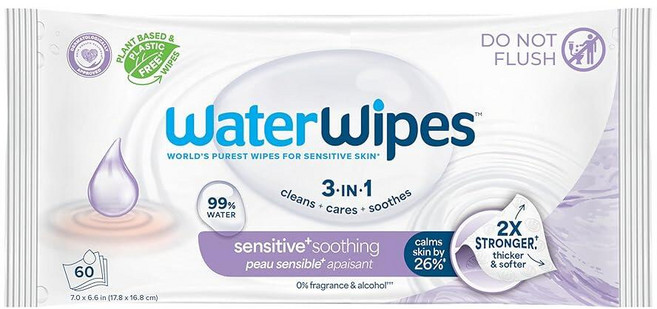 WaterWipes Sensitive+ 하이드레이팅 부스트 물티슈 3-in-1 세척 관리 수분 공급 알로에 베라 함유 99% 물 무향 및 저자극성 아기 60개(1팩)1, 1 Count (Pack of 60), 진정 효과