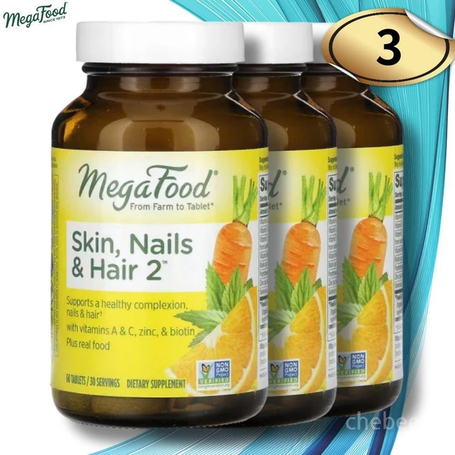 메가푸드 스킨 네일 헤어 2 60정 3병 비타민 B6 셀레늄 비오틴 - 쿠팡