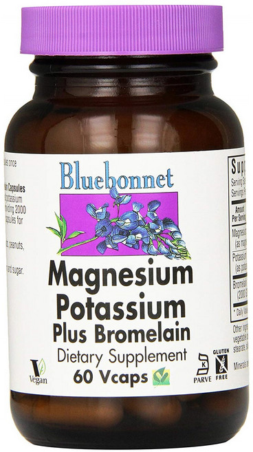 Bluebonnet 鎂鉀&鳳梨蛋白酶植物膠囊 無麩質, 60顆, 1罐