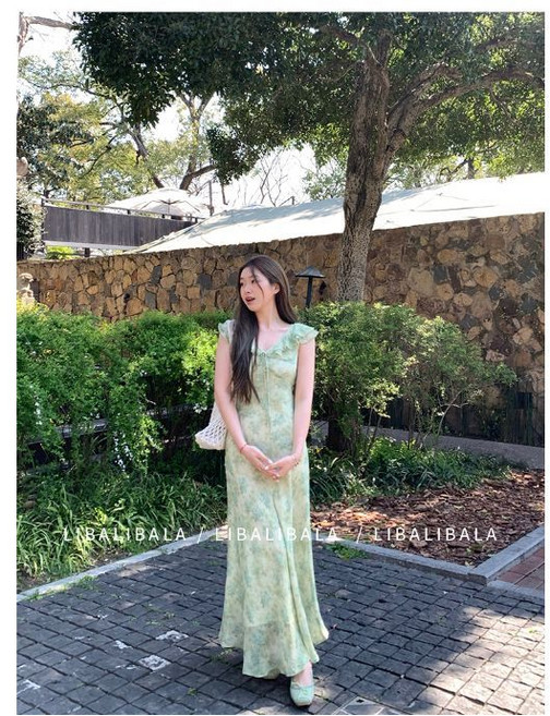 法式荷葉邊碎花連衣裙女 長裙 顯瘦氣質沙灘裙, 1個, 圖片色（雙層）S