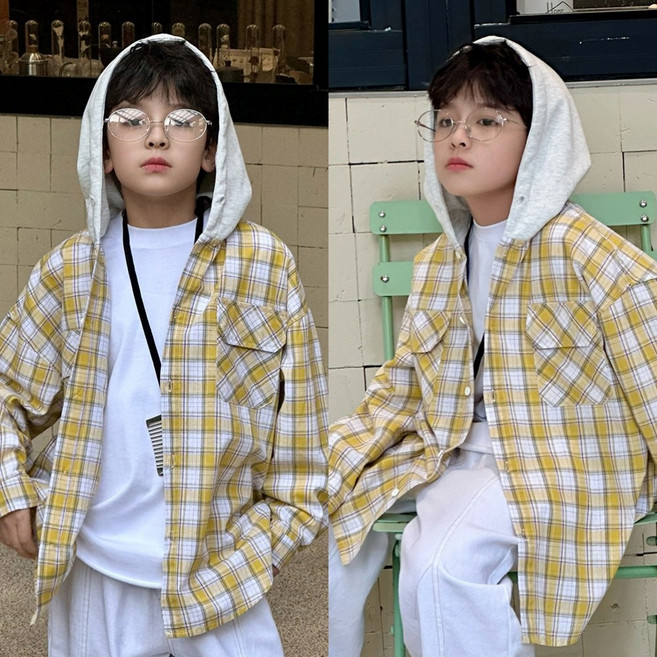 삐삐네옷가게 주니어 남아 빈티지 옐로우 체크 후드 셔츠