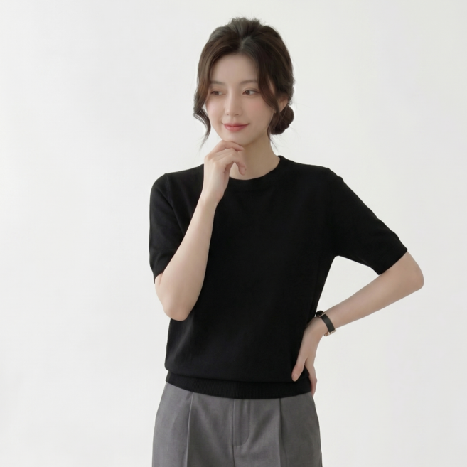MS HOME 여성 모달 라운드넥 반팔 니트