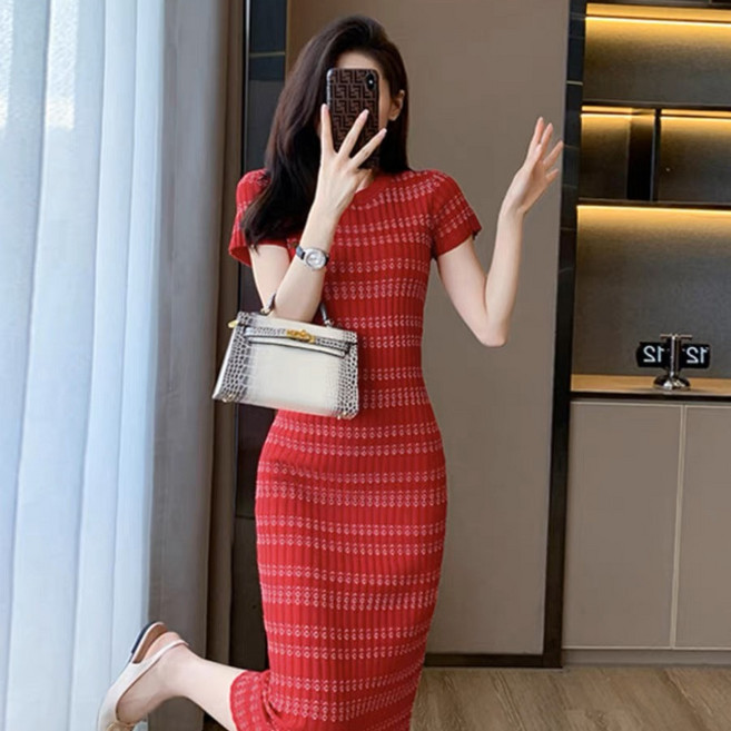 여름 반팔 원피스 여성 슬림핏 니트 스트라이프 치마 패션 명원풍 기질 롱 원피스 SJS