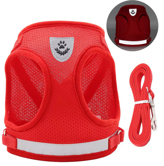 강아지 야간 빛 반사 하네스 + 리드줄 세트, 1개, 레드
