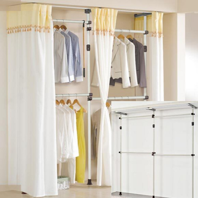 국산 38mm 4단 고정식행거 커튼형 드레스룸 옷걸이 원룸 옷정리 최대 200x250cm