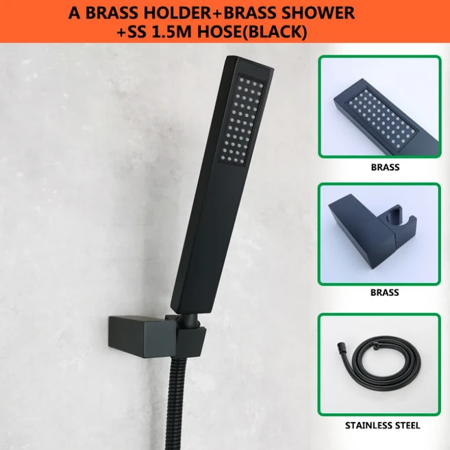 콘센트 커넥터가있는 골드/그레이/블랙/크롬 핸드 샤워 세트 휴대용 강우량 1/2/3 기능 샤워 황동 홀더 1.5, 19 Black 1