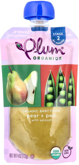 Plum Organics 유기농 이유식 생후 6개월 이상 배 + 완두콩 시금치 함유 113g(4oz) Organics (플럼 오가닉스), Plum Organics, 유기농 이유식, 생후 6개월, 1