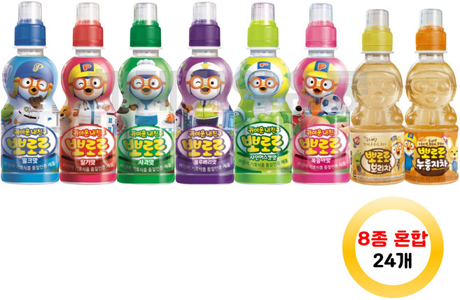 뽀로로 8종모음(밀크3+딸기3+사과3+복숭아3+블루베리3+누룽지3+보리3+샤인머스캣3) 24개, 220ml