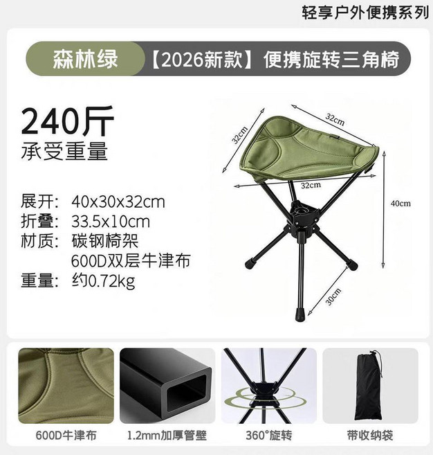 可旋轉三角凳 戶外便攜摺疊小凳子 承重240斤 碳鋼椅架 600D牛津布, 森林綠 加厚座面 一秒摺疊,可旋轉式三角凳無揹帶款, 1個