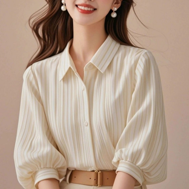 페이준 여성 스트라이프 벌룬 루즈핏 가디건칠부 버튼 브이넥 셔츠 YH913