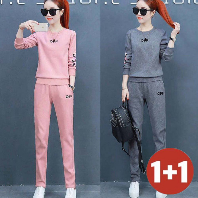 TKX 1+1 여성 캐주얼 트레이닝 세트 봄 가을 긴팔 라운드넥 맨투맨 팬츠 프린트 2종세트 KN53