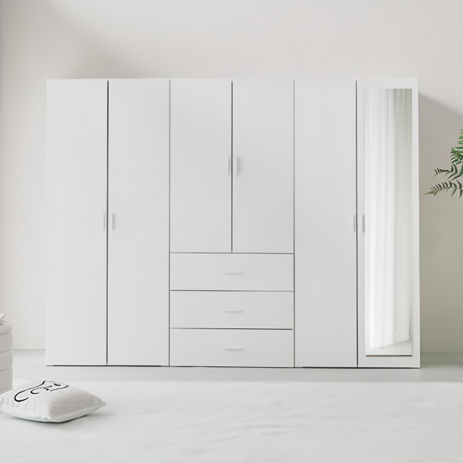 퍼리든 리르안 옷장 2400 A세트 거울형 2단 행거형 800 + 3단 서랍형 800 + 1단 행거 선반형 800 장롱세트 방문설치, 화이트