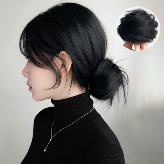 SEVOREN 풍성한 볼륨 올림머리 고무줄 똥머리 가발 부분가발, 1개, 다크 블랙