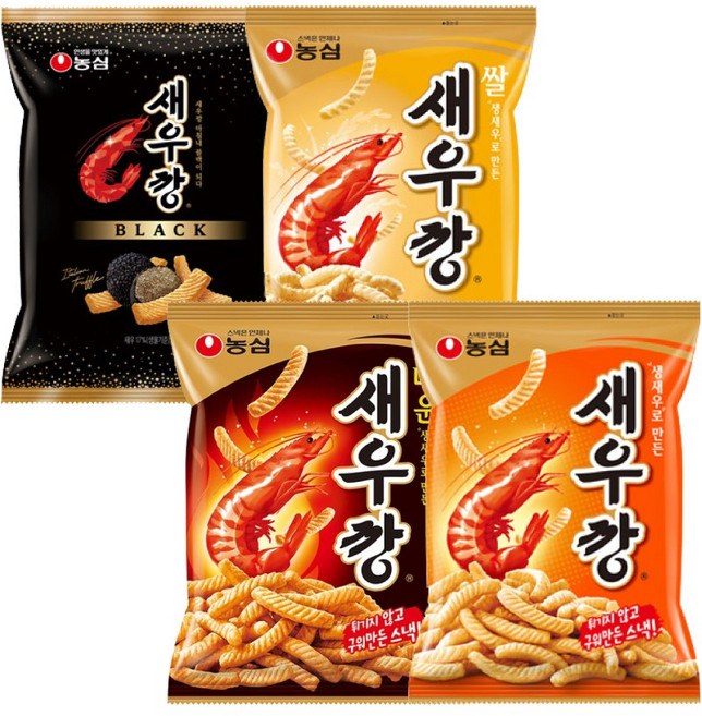 농심 새우깡 4종 세트 (새우깡1+매운새우깡1+쌀새우깡1+새우깡블랙1), 1세트, 332g