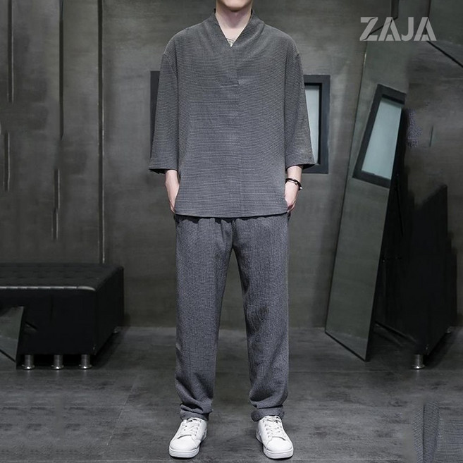ZAJA 남성 여름 린넨 상하세트 빅사이즈 루즈핏 캐주얼 홈웨어