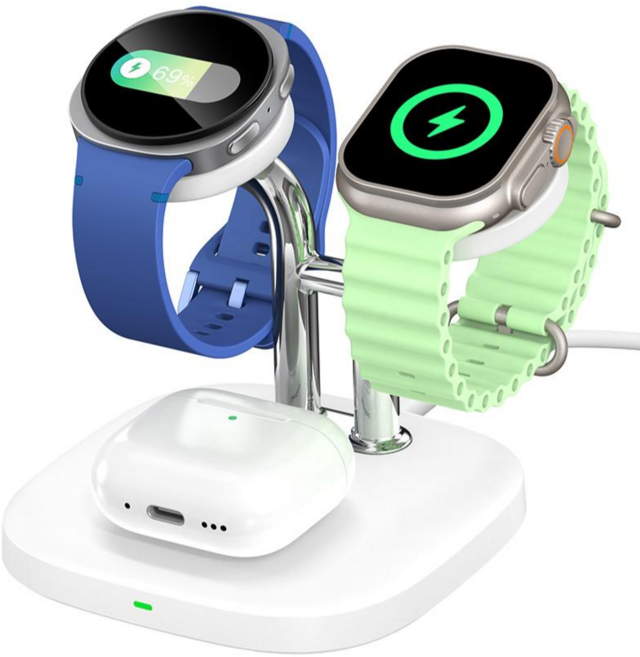 SwanScout 704D 애플워치 갤럭시워치 2대 동시충전 3in1 무선충전기 워치 듀얼+이어폰 충전 호환 화이트, 1개