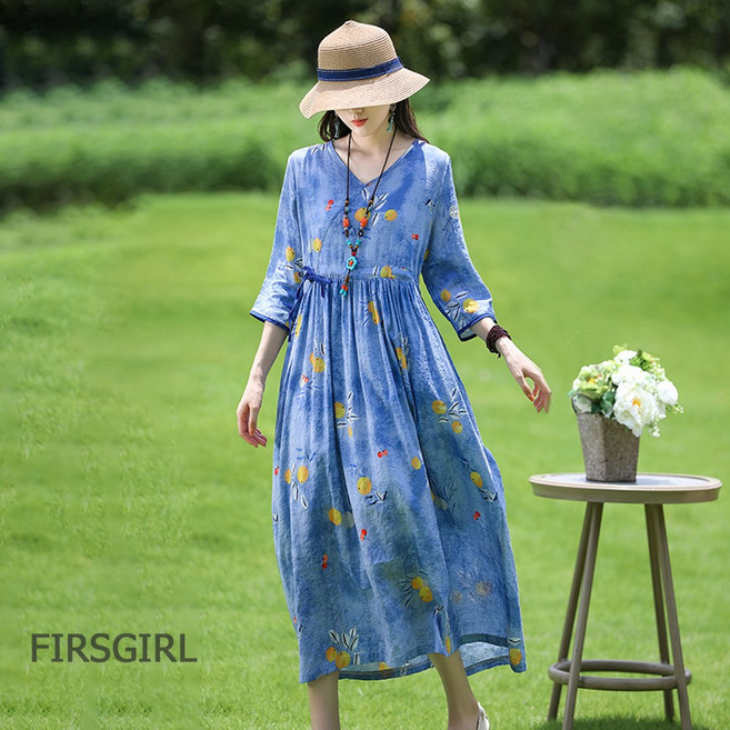 FIRSGIRL 여름 여성 플라워 린넨 롱 원피스 반팔 허리스트링 루즈핏