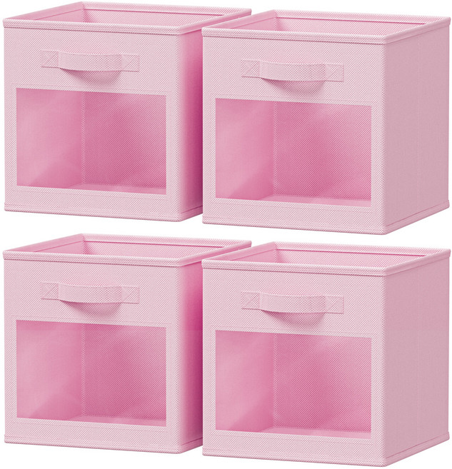 수납 바스켓 다용도 접이식 패브릭 옷정리 수납함 투명창 포함, 4개, 핑크