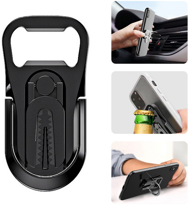 멀티기능 메탈 핑거링 스마트폰 링홀더 오프너+탁상 거치대+차량 송풍구 거치 겸용, 1개, 검은색