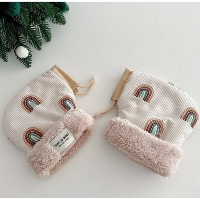 아기 겨울 킥보드 장갑 자전거 핸드워머 유아 방한장갑, 1개, 무지개-베이지