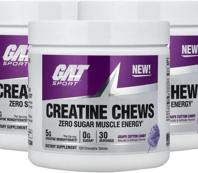 GAT 스포츠 크레아틴 츄 그레이프 코튼 캔디 Sport Creatine Chews Grape Cotton Candy 120정, 3개 - 쿠팡