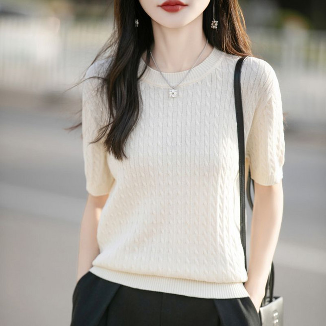 여성 니트 반팔티 봄 여름 캐주얼 슬림핏 꽈배기 얇은 니트 티셔츠 여자 가을 루즈핏 솔리드 라운드넥 이너 상의 LJX