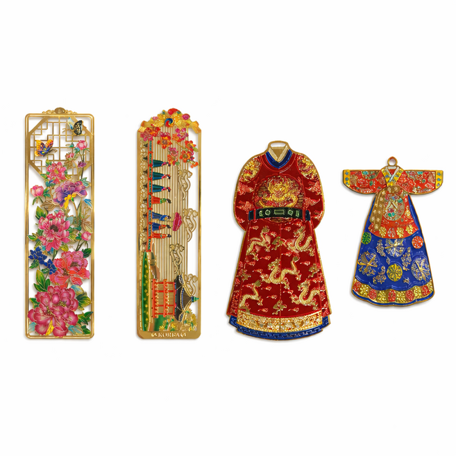 한국 전통 문양 책갈피 4종 세트, 1세트, 목단,나들이,용포,중전한복