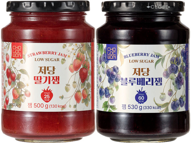초록원 저당 딸기잼 500g + 저당 블루베리잼 530g