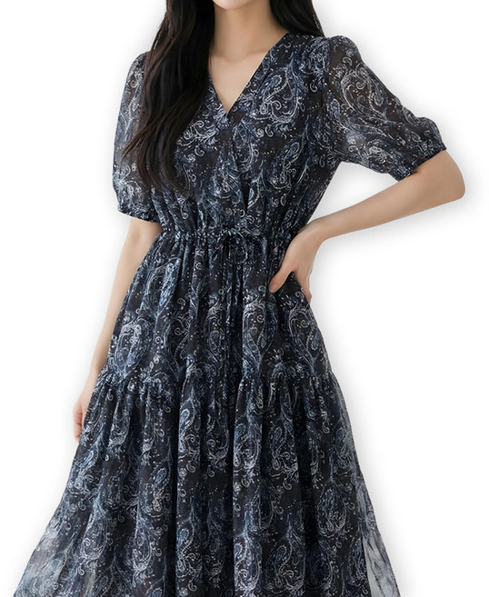 메리앤유 페이즐리 랩 스타일 브이넥 반팔 쉬폰 롱 원피스