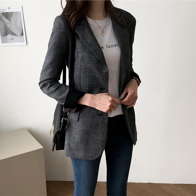 쩐쿠 여성 카라넥 투버튼 체크무늬 정장자켓 K0199