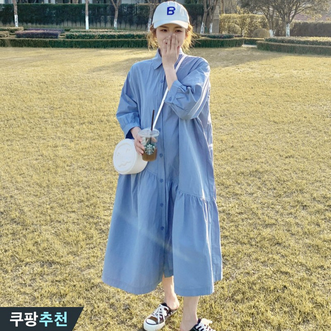 (매진 임박) 150kg까지 빅사이즈 여성 셔츠형 버튼 머메이드 언밸란스 롱 원피스 여름 편한 카라 입체 프릴 패치워크 모던 우아한 디자인 박스 날씬해보이는 플레어 찰랑 원피스