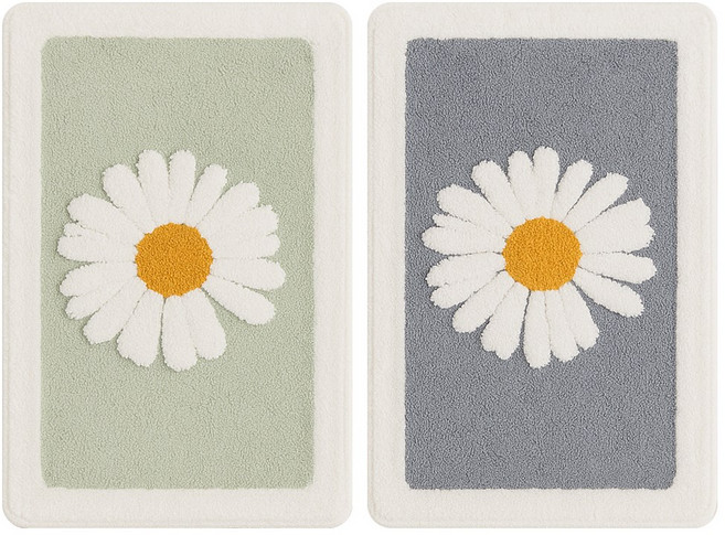 투데이리빙 2p 세트 폭신폭신 플라워 발매트 주방 욕실 현관 미끄럼방지 러그 빨아쓰는 화장실 흡수 매트, 2개, 그레이+그린