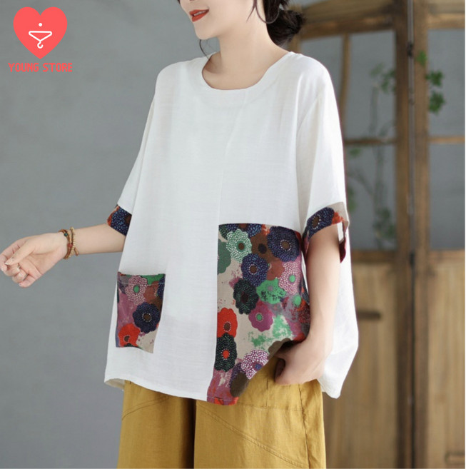 [영스토어 정품] 여성 고급 풍기 인견 블라우스 흰색 플라워 반팔