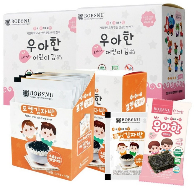 서울대밥스누 우아한 유기농 어린이김 무조미 20봉+소금무첨가 포켓김자반20봉, 1세트, 100g