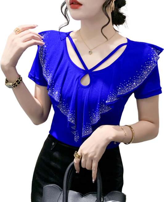 댄스복 상의 브이넥 망사 프릴 펀칭 핫피스 티셔츠 라인댄스복 뉴타임즈F242027
