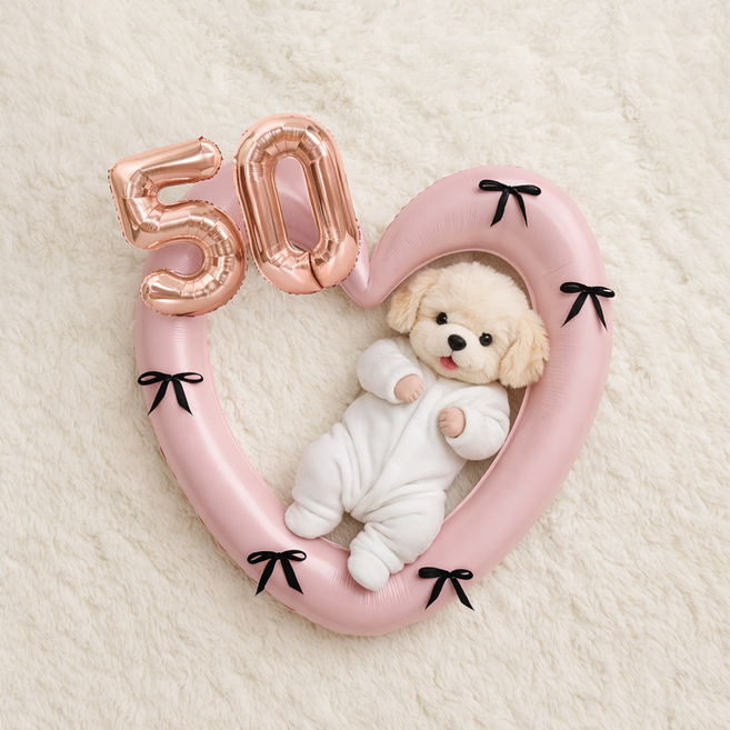 해피제이니 50일 100일 대형 하트풍선 완성리본 세트, 1세트, 핑크하트 로즈골드숫자50