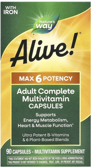 몸관리하세요 겨울입니다 Nature's Way Alive!® 최대 6 효능 성인용 완전한 종합비타민 철분 함유 캡슐 90정 특별관리진행, NaturesWayAlive최대6효능성인용완전한종합비타, 1 - 쿠팡