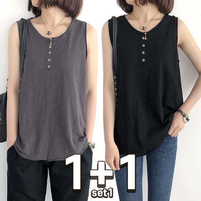 1+1 여성 여름 캐주얼 데일리 루즈핏 민소매 티셔츠 라운드 민소매 편한 나시티 이너 빅사이즈 2종세트