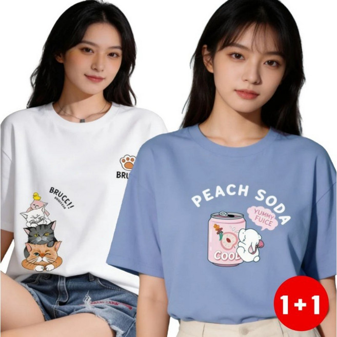여성 티셔츠 단순 개성 스타 패션 다양 색상 티셔츠 일상적 룩 스타일링 활용 부드러운 면 소재 1+1 2장입